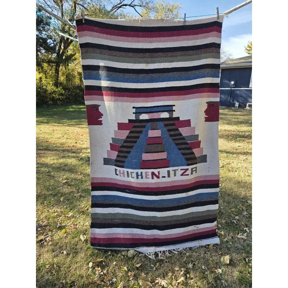 Vintage Handwoven Mexican Sherpa Blanket Tapestry‎ Rug Chichen Itza 44x76 Aztec